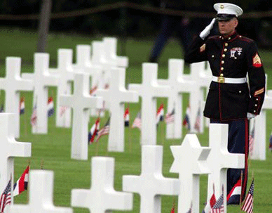 Marine Saluting War Dead in Veterans Cemetery on Memorial Day